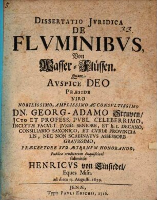 Dissertatio Jvridica De Flvminibvs : = Von Wasser-Flüssen
