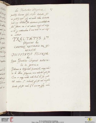 Tractatus .1.mus Physicus de corpore natvrali in genere. Disputatio secunda