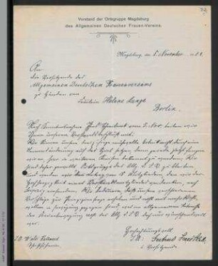 Brief der Ortsgruppe Magdeburg an Helene Lange