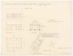 Scheune für Herrn Kussatz, Klein Eichholz: Ansicht, Längs- und Querschnitt, Grundriss alle M 1:100, Lageplan M 1:500