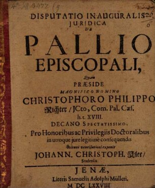 Disp. inaug. iur. de pallio episcopali