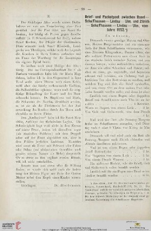 Brief- und Packetpost zwischen Basel - Schaffhausen - Lindau - Ulm, und Zürich - Schaffhausen - Lindau - Ulm, vom Jahre 1652