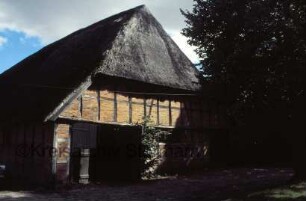 Blumendorf: Gut: Haferscheune mit Reetdach: Westgiebel