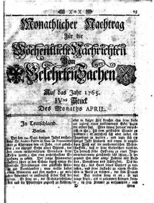 Monathliche Nachtrag [...] Auf das Jahr 1765 IVtes Stuck Des Monaths April