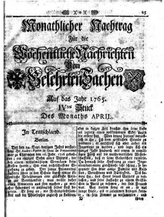 Monathliche Nachtrag [...] Auf das Jahr 1765 IVtes Stuck Des Monaths April