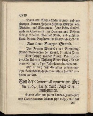 Von der General-Repartition über die 1764-jährige Land-Tags-Verwilligungen
