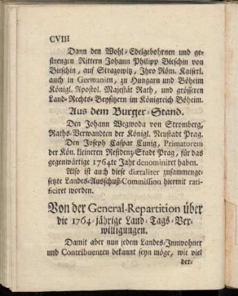 Von der General-Repartition über die 1764-jährige Land-Tags-Verwilligungen