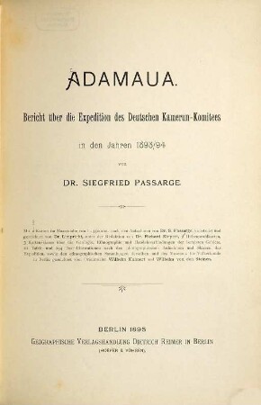 Adamaua : Bericht über die Expedition des Deutschen Kamerun-Komitees in den Jahren 1893/94