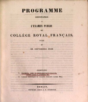 Programme d'invitation à l'examen public du Collège Royal Français. 1842/43 (1843)