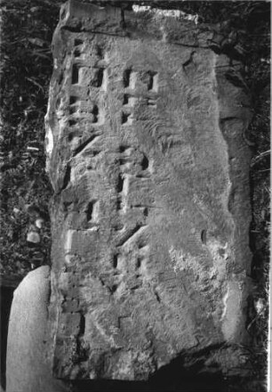 Grabstein 245 (Index: 100110508) Material: Sandstein Zustand: Fragment Maße HxBxT: 42x73x8 cm Beschreibung: Schriftfeld eingetieft (Fragment): Grabstein 245 (Detailaufnahme)