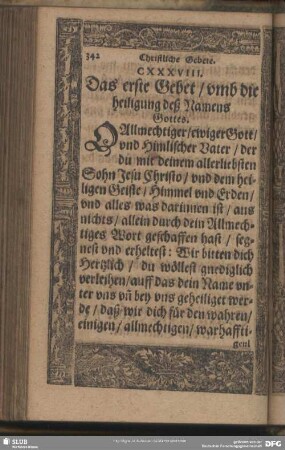 CXXXVIII. Das erste Gebet, umb die heiligung deß Namens Gottes
