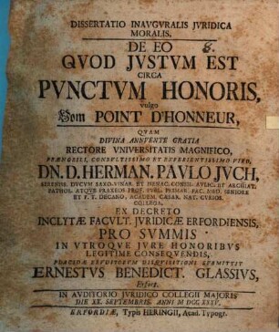 Diss. inaug. ... de eo quod iustum est circa punctum honoris vulgo vom Point d'honneur