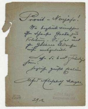 Kartenbrief von Alfred Mayer an Hannah Höch. München