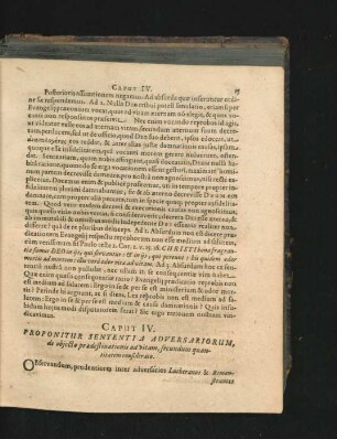 Caput IV. Proponitur Sententia Adversariorum, de obiecto praedestinationis ad vitam, secundum quantitatem considerato.