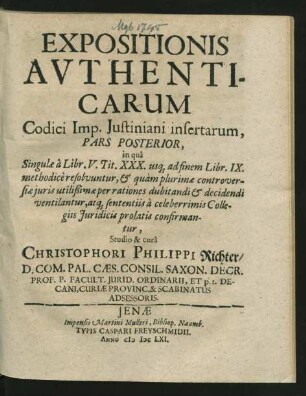 2: in qua Singulae a Libr. V. Tit. XXX., usq[ue] ad finem Libr. IX. methodice resolvuntur, & quam plurimae controversiae iuris utilißimae per rationes dubitandi & decidendi ventilantur, atq[ue] sententiis, a celeberrimis Collegiis Iuridicis prolatis confirmantur