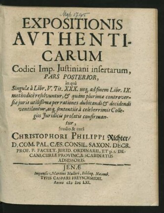 2: in qua Singulae a Libr. V. Tit. XXX., usq[ue] ad finem Libr. IX. methodice resolvuntur, & quam plurimae controversiae iuris utilißimae per rationes dubitandi & decidendi ventilantur, atq[ue] sententiis, a celeberrimis Collegiis Iuridicis prolatis confirmantur