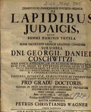Dissertatio Inauguralis Physico-Medica De Lapidibus Judaicis