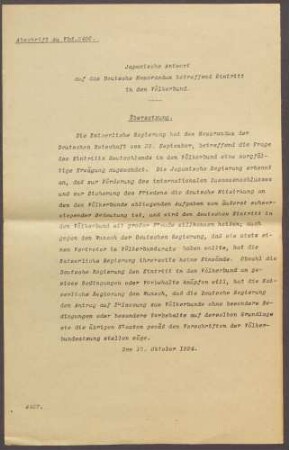 Japanische Antwort auf das deutsche Memorandum bzgl. eines Eintritts in den Völkerbund