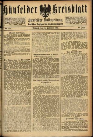 Ausgabe vom Mittwoch, den 13. September 1922.