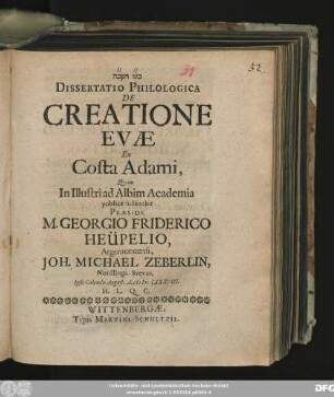 Dissertatio Philologica De Creatione Evae Ex Costa Adami