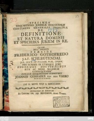 Specimen Disquisitionis Juridicae Inauguralis Continens Generalia Principia De Definitione Et Natura Dominii Et Speciebus Jurium In Re