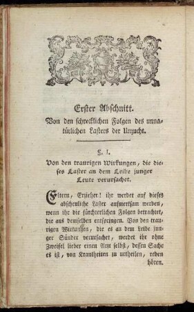 Erster Abschnitt. Von den schrecklichen Folgen des unnatürlichen Lasters der Unzucht.