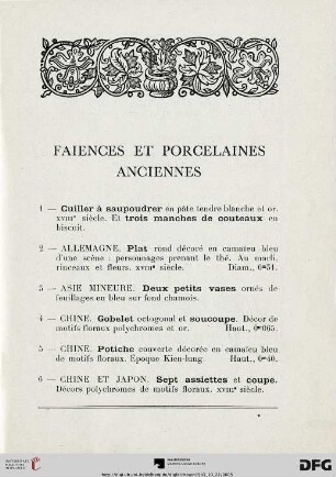 Faiences et porcelaines anciennes (Nr. 1-50)