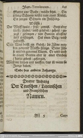 Dritter Anhang, Der Teutschen, Lateinischen und Französischen Namen