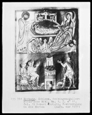 Ms. 1.2.4.11: Benediktionale, folio 19, Geburt Christi und Verkündigung an die Hirten