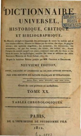 Dictionnaire universel, historique, critique et bibliographique ... : Suivie de tables chronologiques ... ; ornée de 1.200 portraits en médaillons. 20, Tables chronologiques