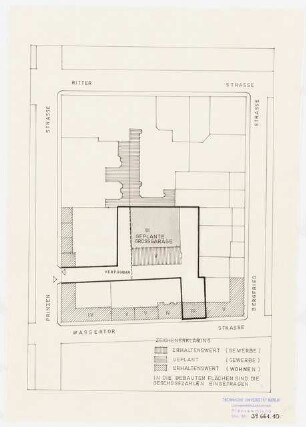 Sanierung Kreuzberg, Berlin Untersuchungen und Planungen von Werner March: Mappe Kreuzberg. Block 64, Lageplan, Erhaltungswerte und geplante Bausubstanz, 1:10000