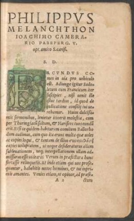 Philippus Melanchthon Ioachimo Camerario ... S. D.
