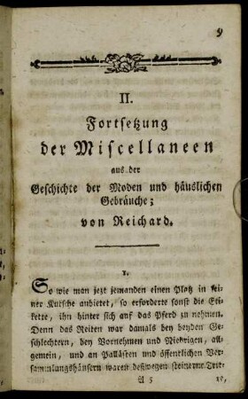II. Fortsetzung der Miscellaneen aus der Geschichte der Moden und häuslichen Gebräuche; von Reichard.