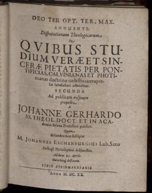 ... Disputationum Theologicarum ... Secunda.