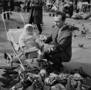 Krakow. Vater mit Kind füttert Tauben auf dem Hauptmarkt