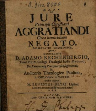 De Jure Principis Christiani Aggratiandi Circa homicidium Negato, Dissertatio Theologica