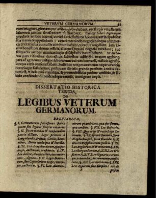 Dissertatio Historica Tertia, de Legibus Veterum Germanorum.