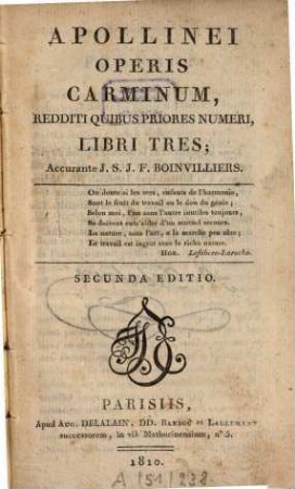 Apollinei operis carminum : redditi quibus priores numeri ; libri tres