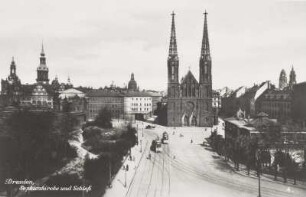 Dresden, Sophienkirche : Dresden-Altstadt. Zwinger, Residenzschloß, Taschenbergpalais und Sophienkirche. Blick vom Hotel Weber nach O