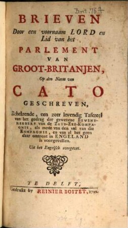 Brieven door en voornaam Lorden Lid van hel Parlement van Groot Britannjen op den Naem van Cato geschreven