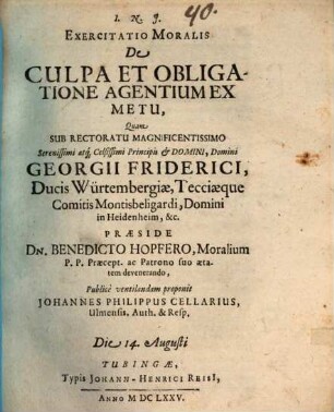 Exercitatio mor. de culpa et obligatione agentium ex metu
