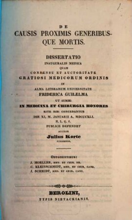 De causis proximis generibusque mortis : dissertatio inauguralis medica