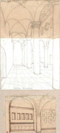 Hoffstadt, Friedrich; Kassette 1: Mappe 2, Kirchen (973-989) - Innenräume des Schottenklosters St. Jakob in Regensburg (Perspektive, Detail)