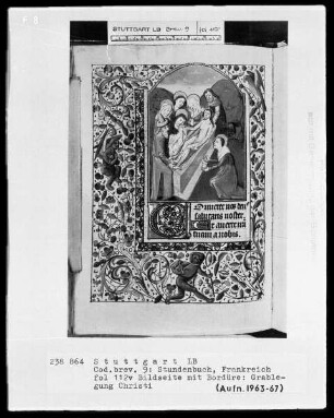 Lateinisch-französisches Stundenbuch (Livre d'heures) — Miniatur im Bordürenrahmen und Textanfang, Folio 112verso