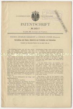 Patentschrift einer Vorrichtung zum Kippen, Balancieren und Feststellen von Fuhrwerken, Patent-Nr. 29317