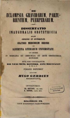 De eclampsia gravidarum, parturientium, puerperarum : Diss. inaug. obstetricia