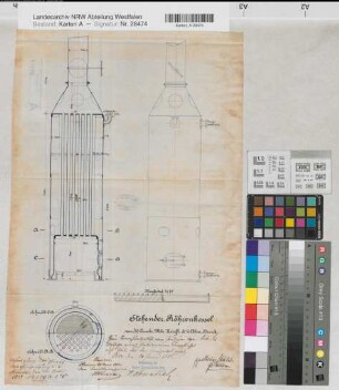 Ennigerloh (Ennigerloh) Grube Leo Kesselanlage stehender Röhrenkessel Grundriß, Schnitt 1882 1 : 15 50 x 33 Zeichnung Bergämter Nr. 5366