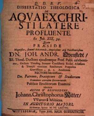Dissertatio Theologica De Aqua Ex Christi Latere Profluente : Ex. Joh. XIX,34.