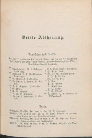 Advokaten und Notare. Aerzte. [Agenturen. Amidamfabrik. Apotheker. Architecten. Austernhandlungen.]