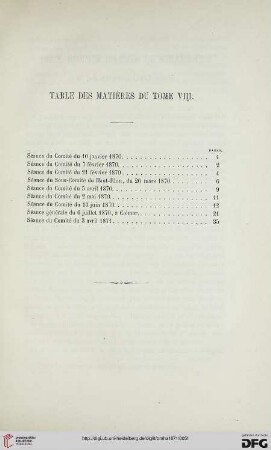 Table des matières du tome VIII